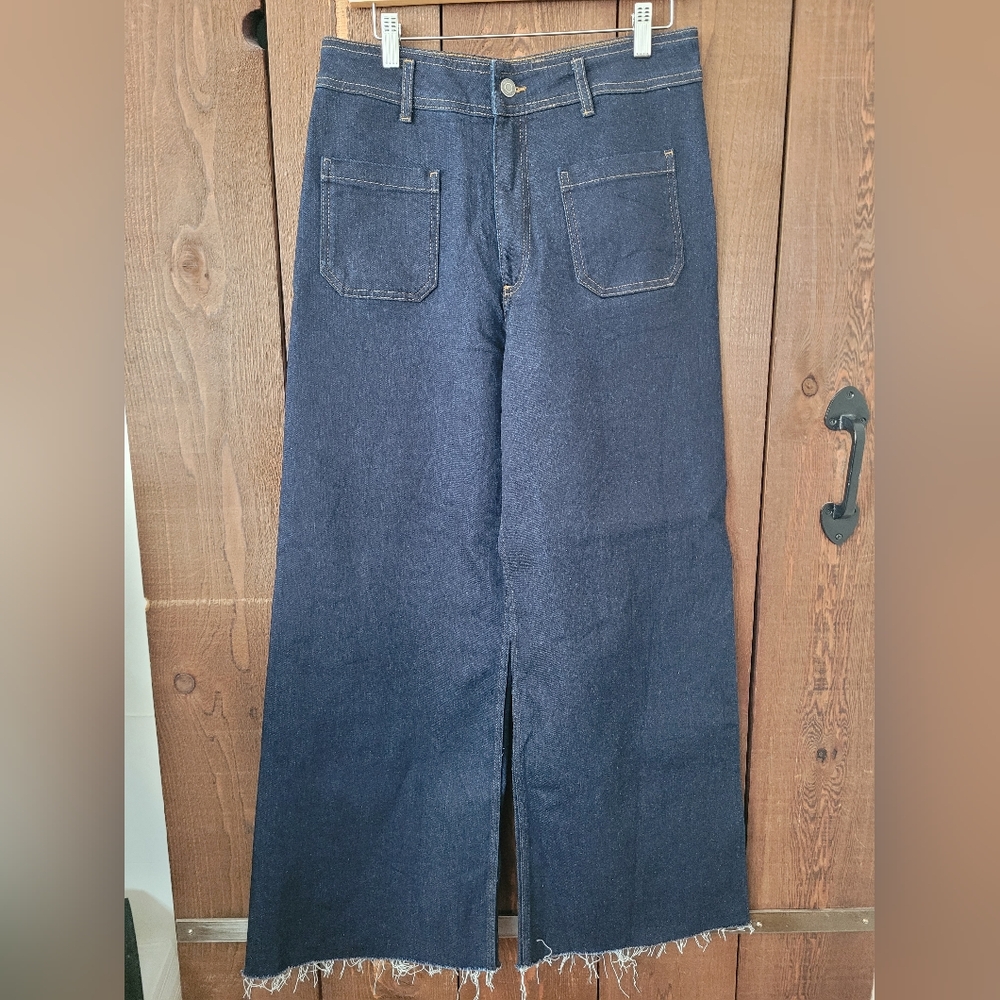 Zara The Patch Pocket Marine Wide Leg Raw Hem Crop Pant Size 10